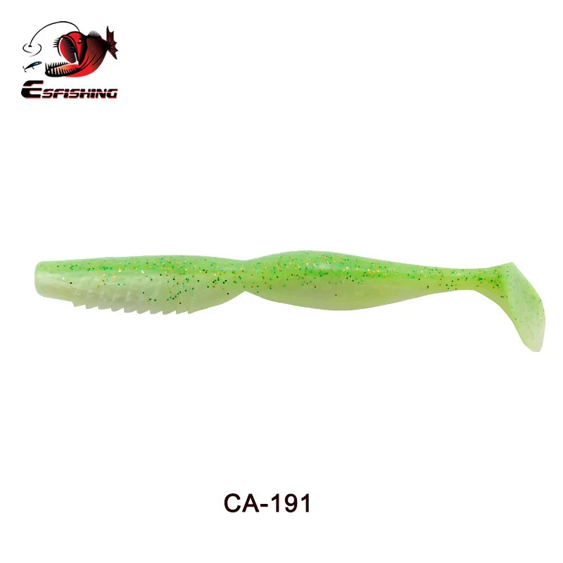 Soft green fishing lure with glitter and paddle tail, suitable for freshwater fishing.