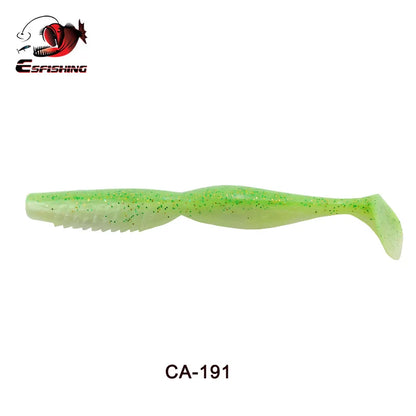 Soft green fishing lure with glitter and paddle tail, suitable for freshwater fishing.