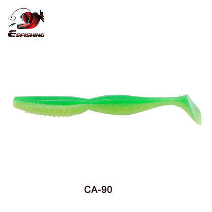 Green soft plastic fishing lure with paddle tail, labeled CA-90 on white background.