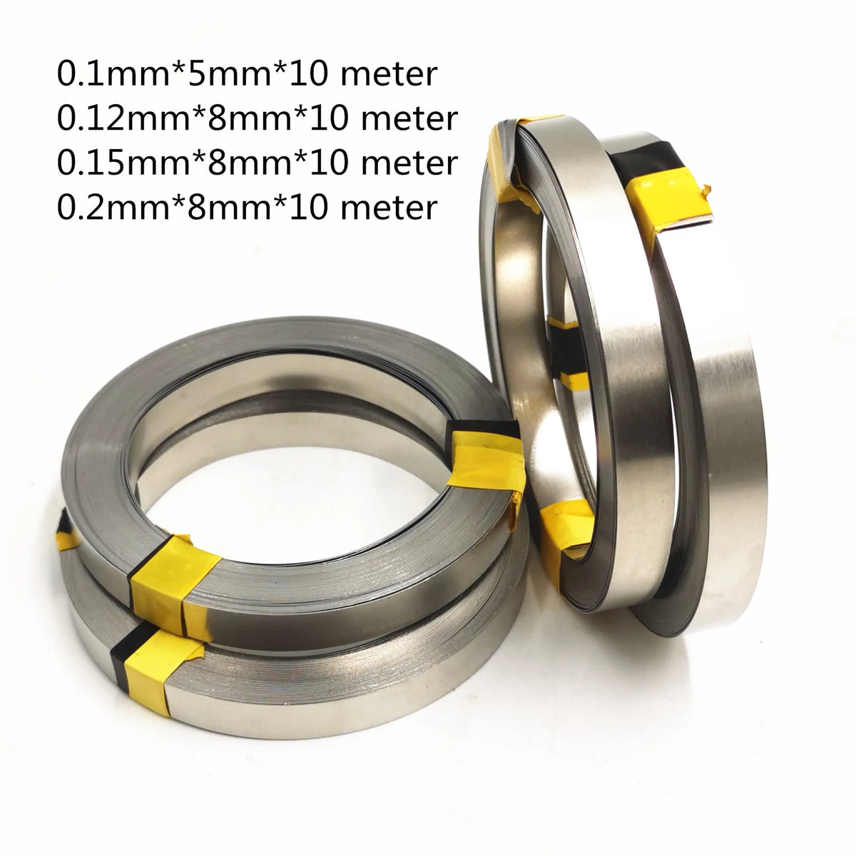 Nickel-plated 18650 battery tab strip roll with yellow insulation tape for spot welding.