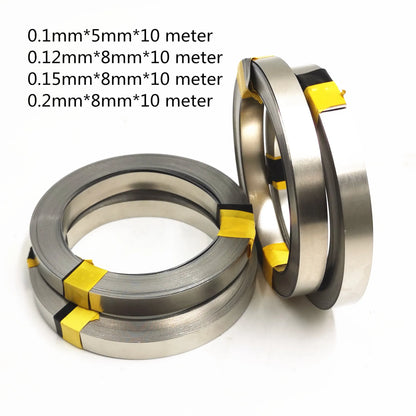 Nickel-plated 18650 battery tab strip roll with yellow insulation tape for spot welding.
