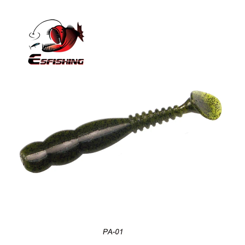 Green soft plastic fishing lure with ribbed body and paddle tail, labeled PA-01.