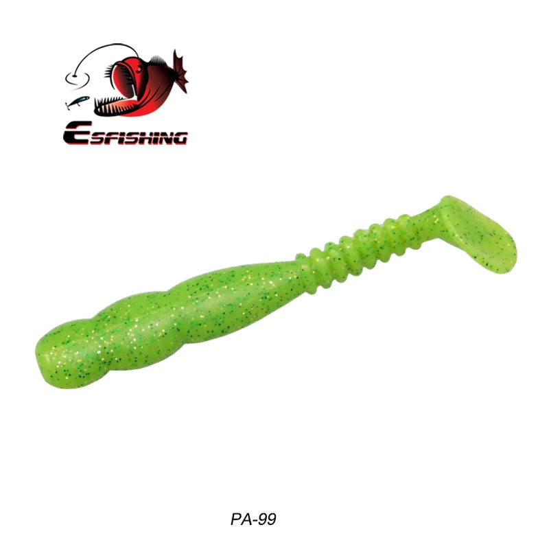 Green soft plastic fishing lure with glitter, ribbed body, and paddle tail on white background.
