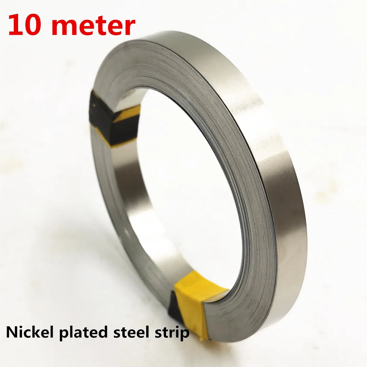 Nickel plated steel strip roll with 18650 contact tape, coiled gray metal band with yellow spacer tabs.