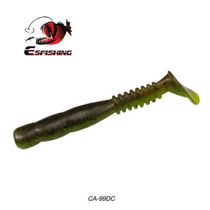 Green soft plastic fishing lure with ribbed body and paddle tail, ideal for bass fishing.