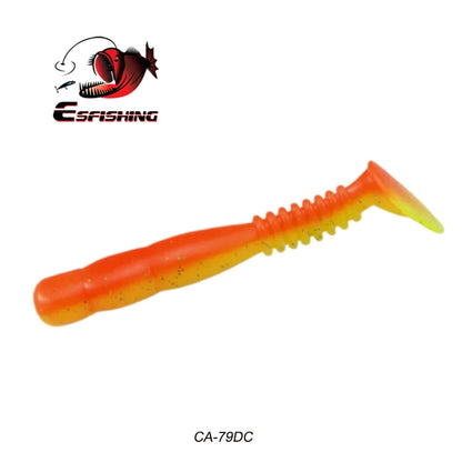 Soft plastic paddle tail fishing lure in orange and yellow, ideal for freshwater angling.