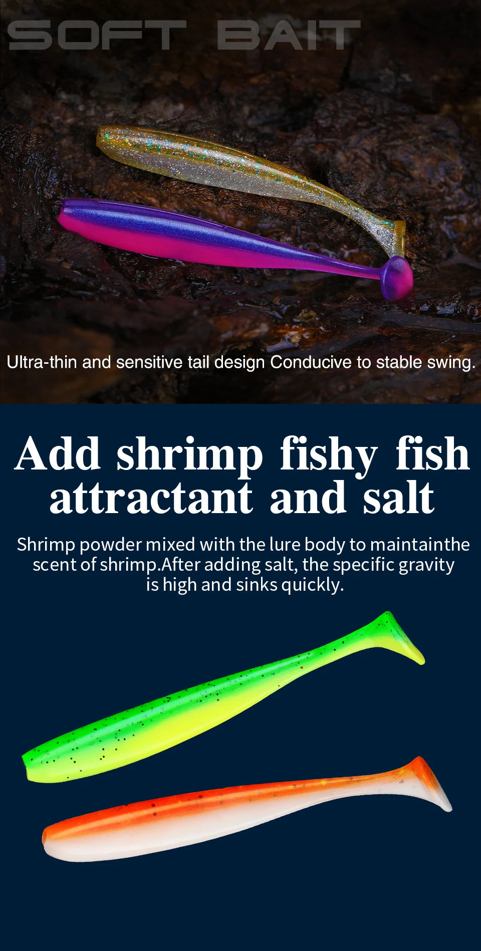 Colorful soft bait fishing lures with ultra-thin tails and shrimp attractant for outdoor anglers
