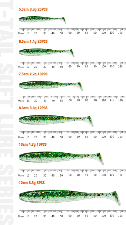 Assorted green glitter soft fishing lures with size and weight chart for outdoor fishing.