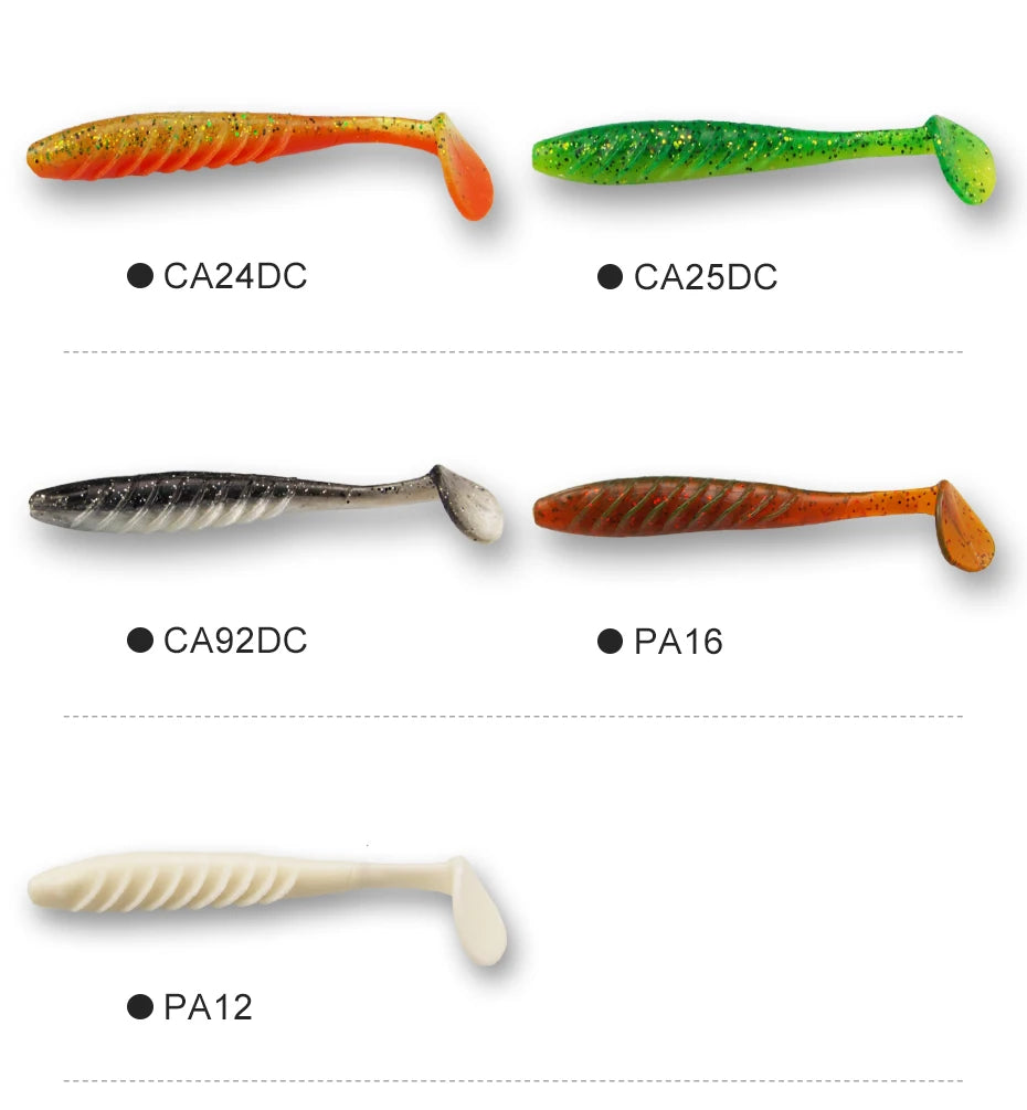 Five soft plastic fishing lures in assorted colors with model codes on a white background.