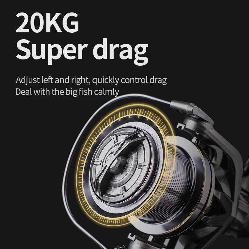 Close-up of fishing reel with 20KG super drag feature, durable outdoor gear