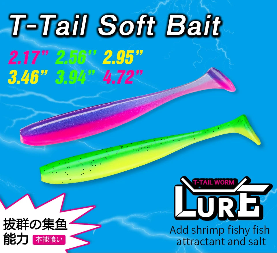 Colorful T-tail soft bait fishing lures in pink-purple and green-yellow, multiple sizes shown, blue background.