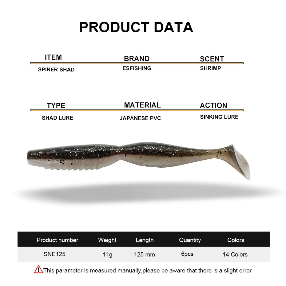 Shad lure fishing bait in Japanese PVC, 125mm, 11g, sinking action, shrimp scent.