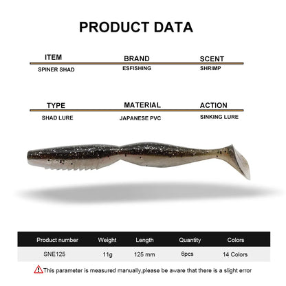Shad lure fishing bait in Japanese PVC, 125mm, 11g, sinking action, shrimp scent.