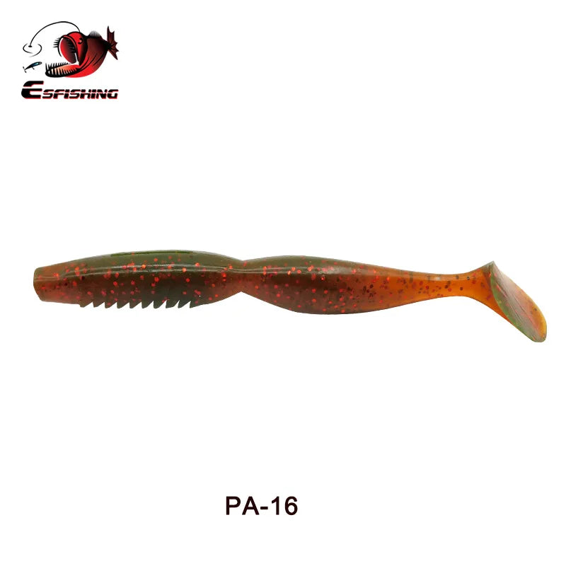 Soft plastic fishing lure in green and orange with red speckles, paddle tail design, PA-16.