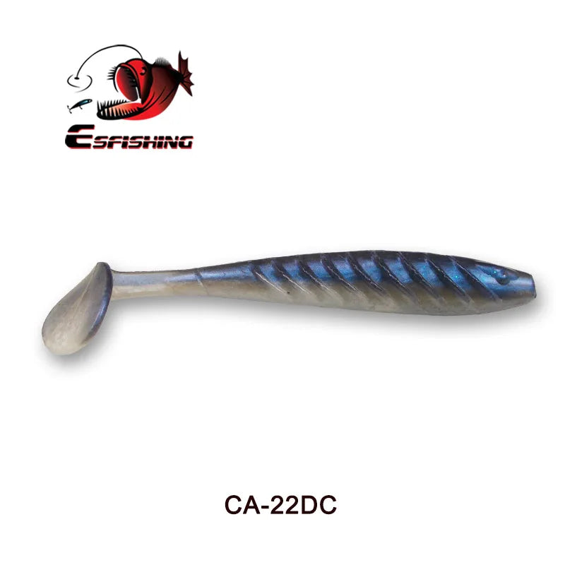 Soft plastic fishing lure with paddle tail in metallic blue and silver, labeled CA-22DC.
