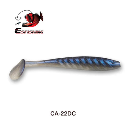 Soft plastic fishing lure with paddle tail in metallic blue and silver, labeled CA-22DC.