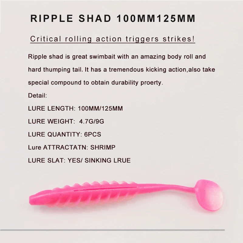 Pink ripple shad soft fishing lure, 100mm/125mm, with paddle tail and detailed product specs.