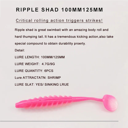 Pink ripple shad soft fishing lure, 100mm/125mm, with paddle tail and detailed product specs.