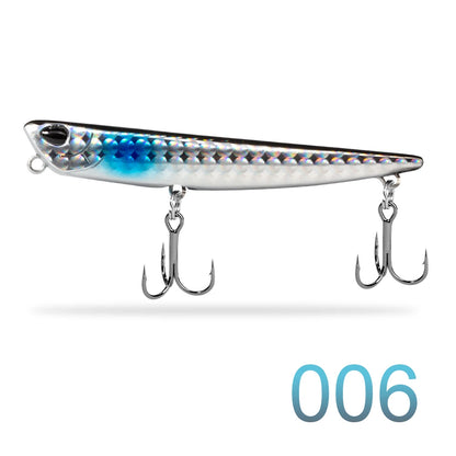 Shiny blue and silver fishing lure with two treble hooks, number 006 for outdoor gear.