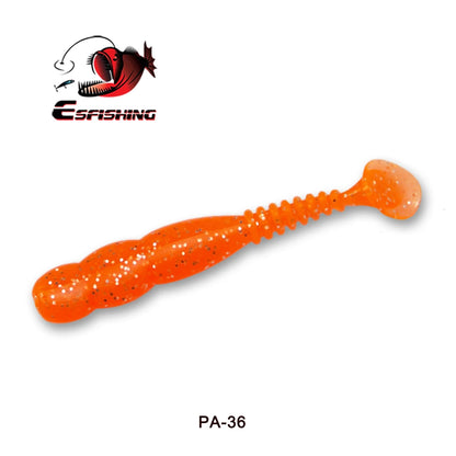 Orange soft plastic fishing lure with glitter, ribbed body, and paddle tail, labeled PA-36