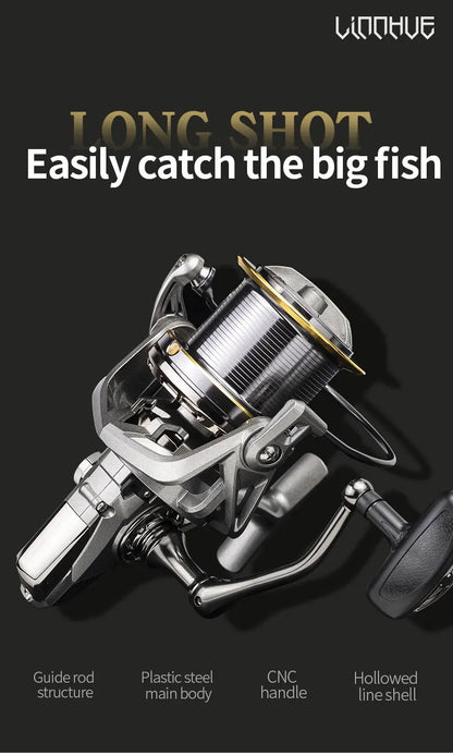 Long shot fishing reel with CNC handle, hollowed line shell, and plastic steel body on black background.