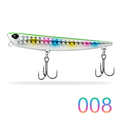 Colorful fishing lure with two treble hooks, metallic finish, style number 008.