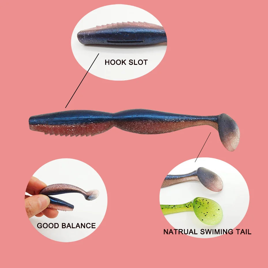 Soft plastic fishing lure with hook slot, balanced design, and natural swimming tail.