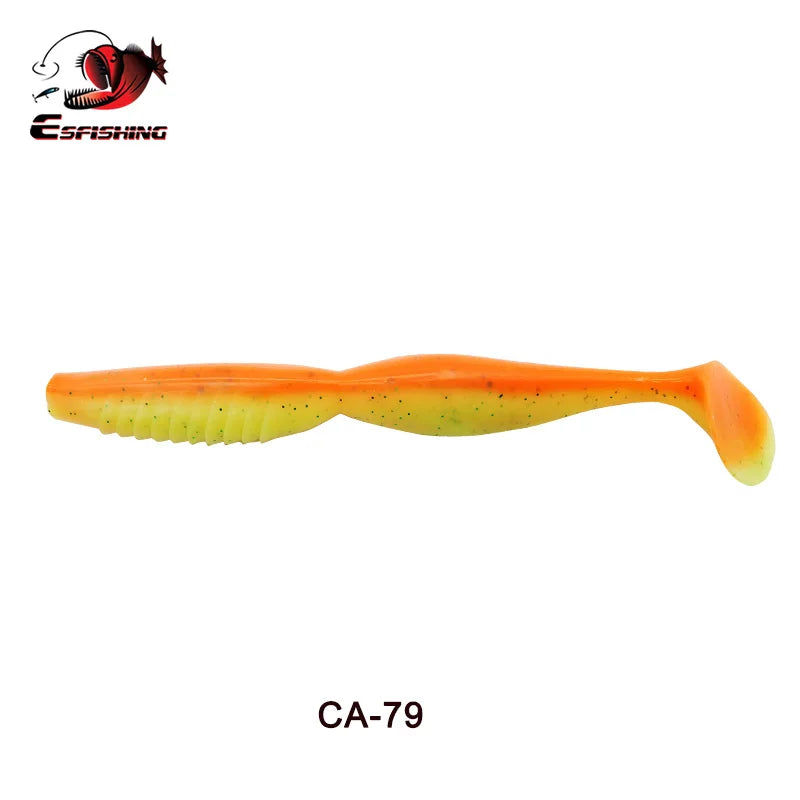 Orange and yellow soft plastic fishing lure with paddle tail, labeled CA-79.
