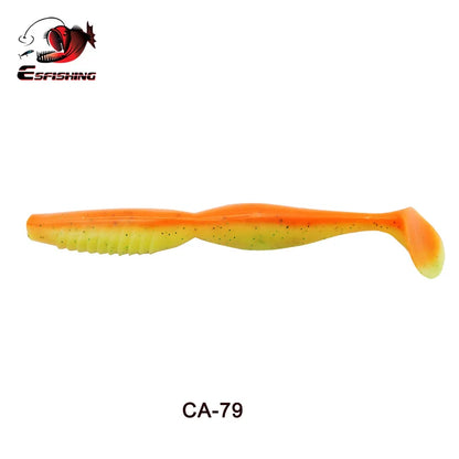 Orange and yellow soft plastic fishing lure with paddle tail, labeled CA-79.