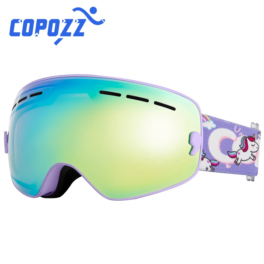 Kids Anti-Fog Ski Goggles with UV Protection and Cartoon Straps