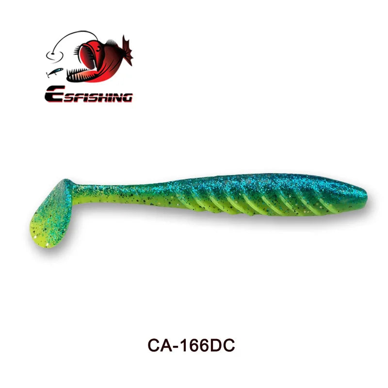 Blue and green glitter soft plastic fishing lure with paddle tail, CA-166DC model.