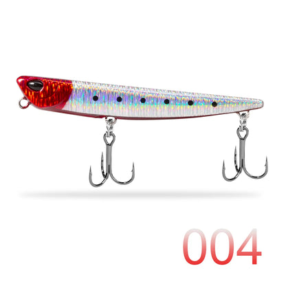 Holographic fishing lure with red head, two treble hooks, and the number 004 displayed.