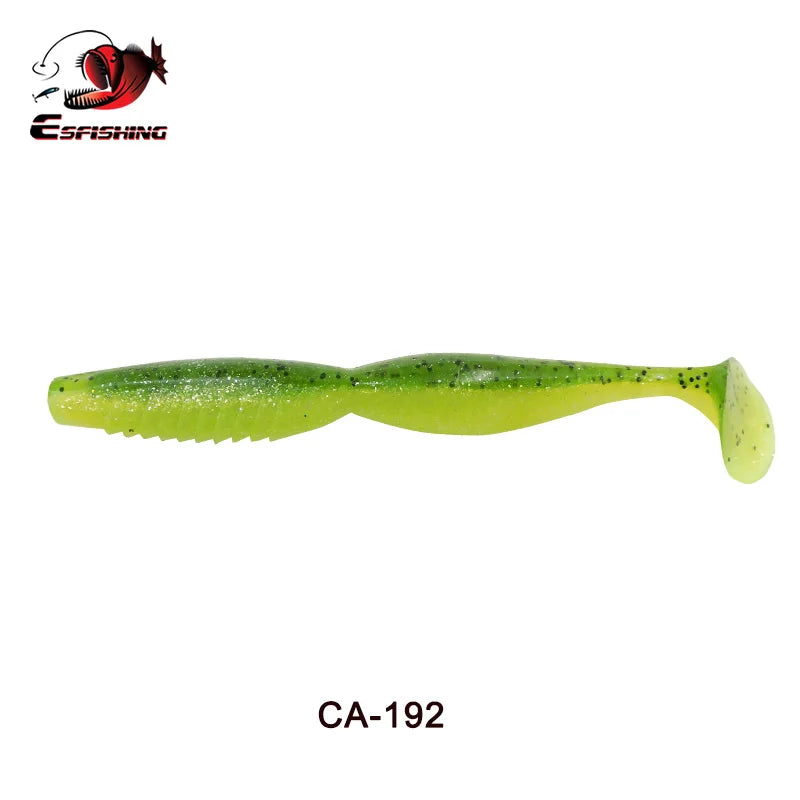 Green soft plastic fishing lure with paddle tail and textured body, model CA-192.