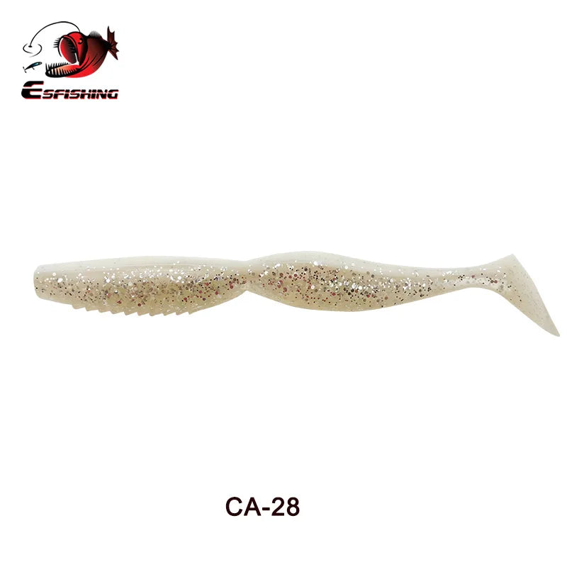 Soft plastic fishing lure with glitter, paddle tail design, and white color, labeled CA-28.