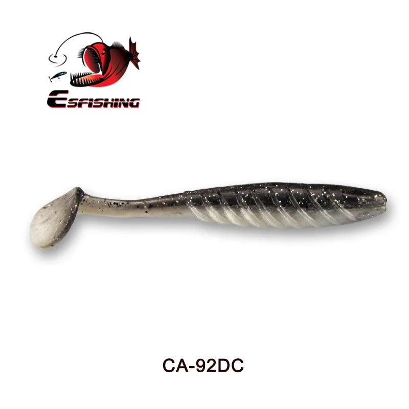 Soft plastic fishing lure with black and silver flecks, paddle tail design, model CA-92DC.