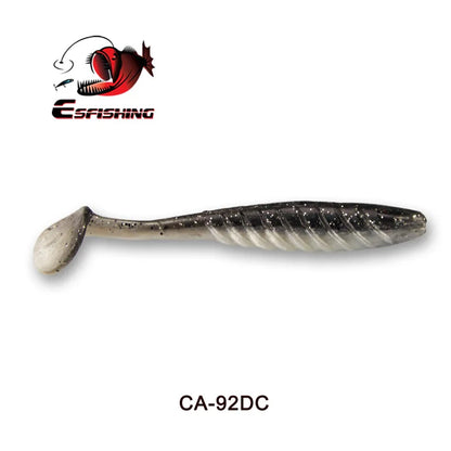 Soft plastic fishing lure with black and silver flecks, paddle tail design, model CA-92DC.