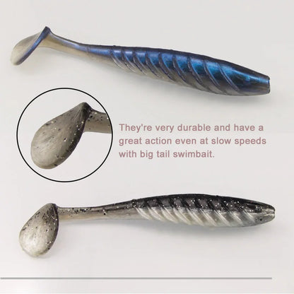 Durable soft plastic fishing swimbaits with ribbed bodies and large paddle tails for lifelike action.