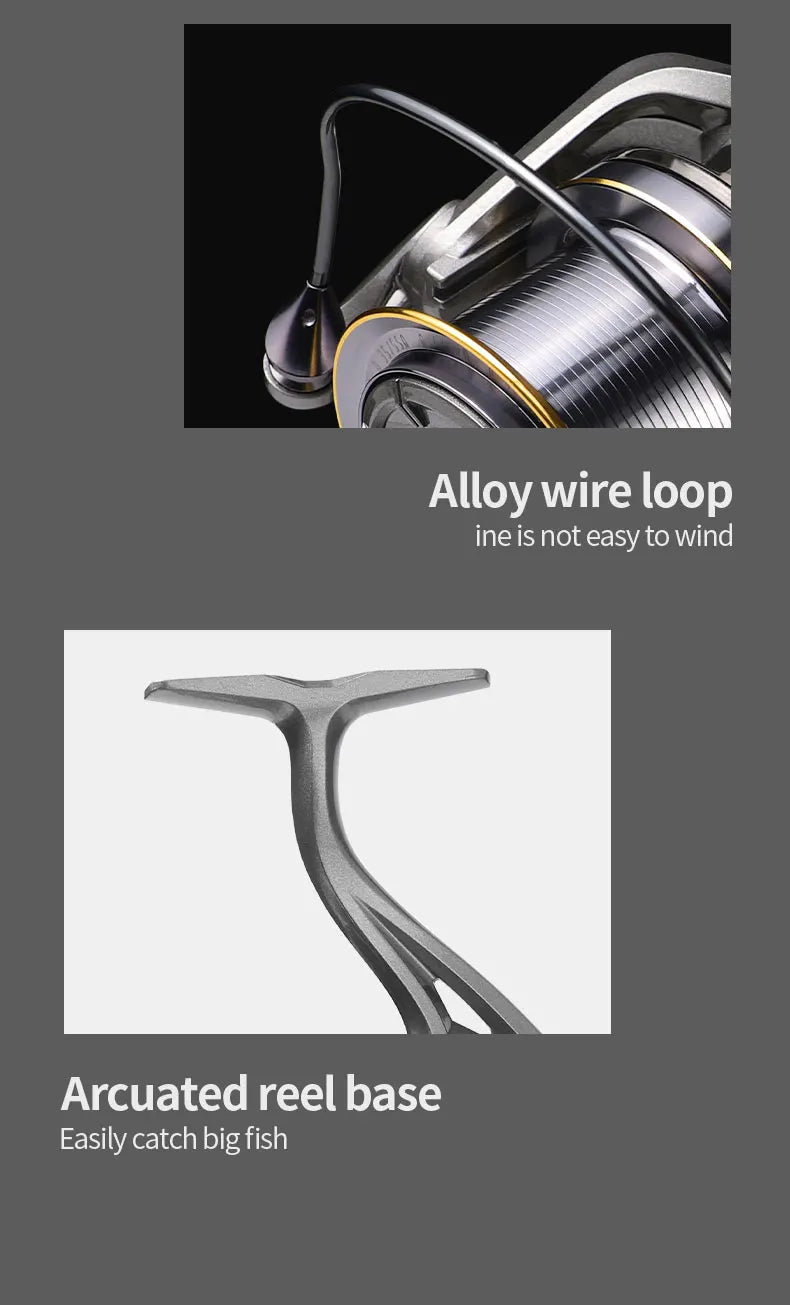 Close-up of alloy fishing reel with wire loop and arcuated reel base for outdoor fishing gear