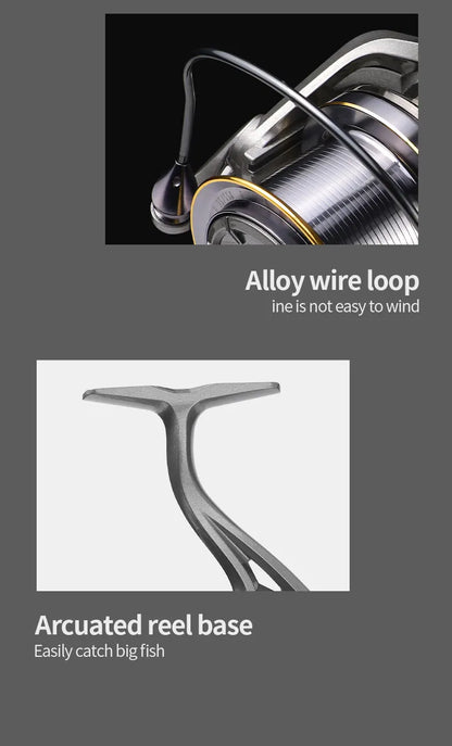 Close-up of alloy fishing reel with wire loop and arcuated reel base for outdoor fishing gear