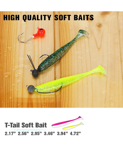 Two soft plastic T-tail fishing baits, green and yellow, on wet wood surface with hooks.