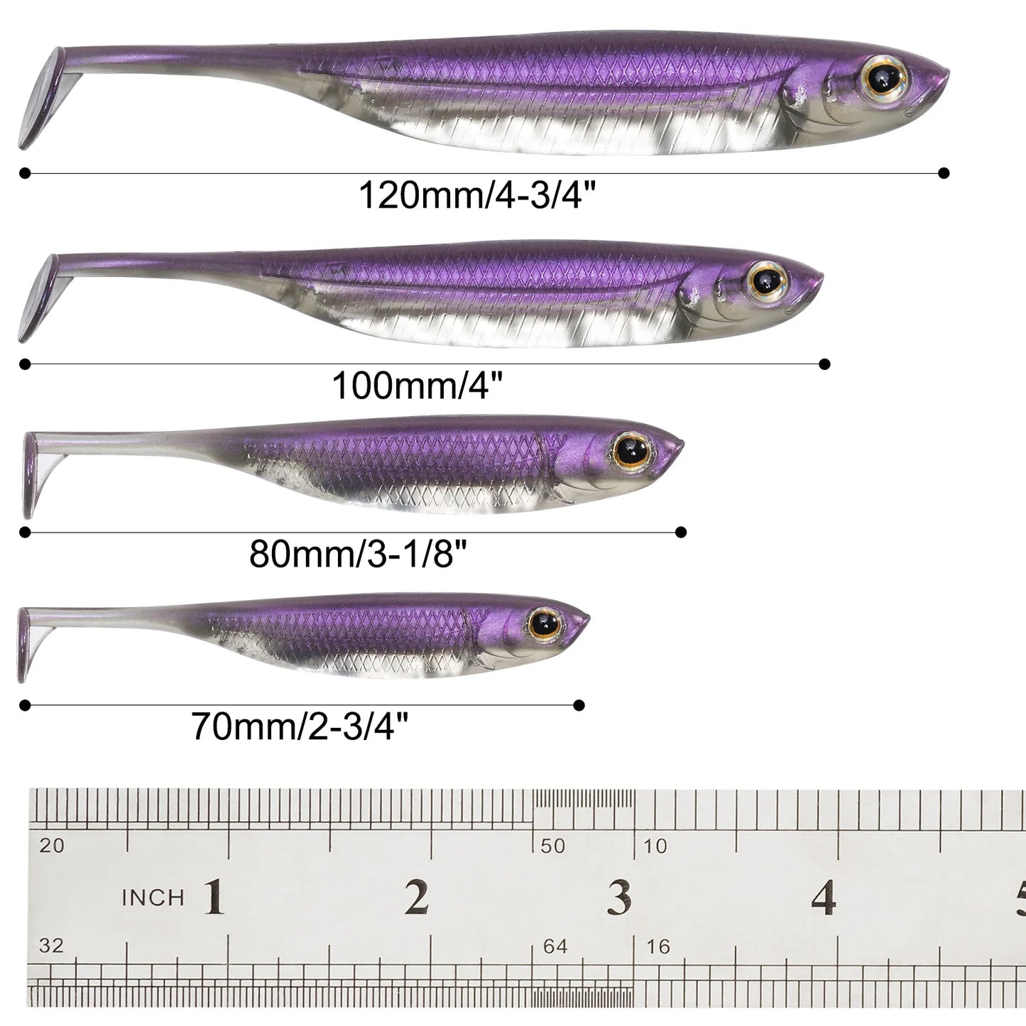 Four purple soft plastic fishing lures in different sizes with measurements and ruler scale.