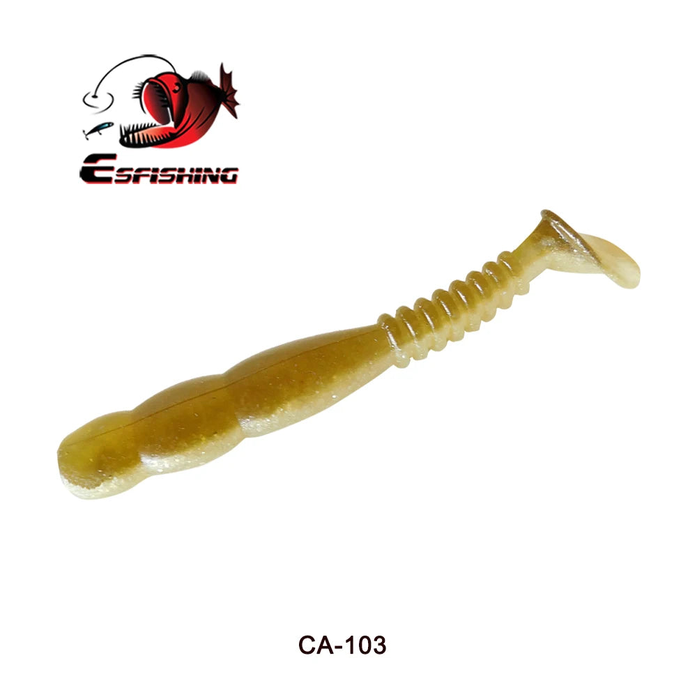 Soft plastic fishing lure CA-103 in brown color, paddle tail design, white background