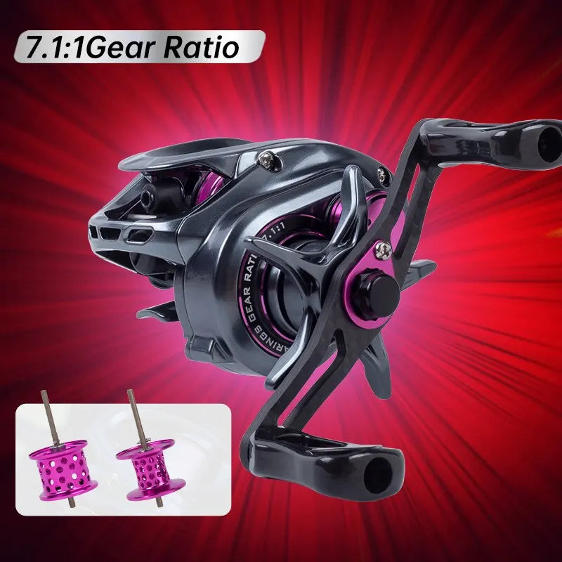 Baitcasting fishing reel with 7.1:1 gear ratio and two purple spools, outdoor gear accessory