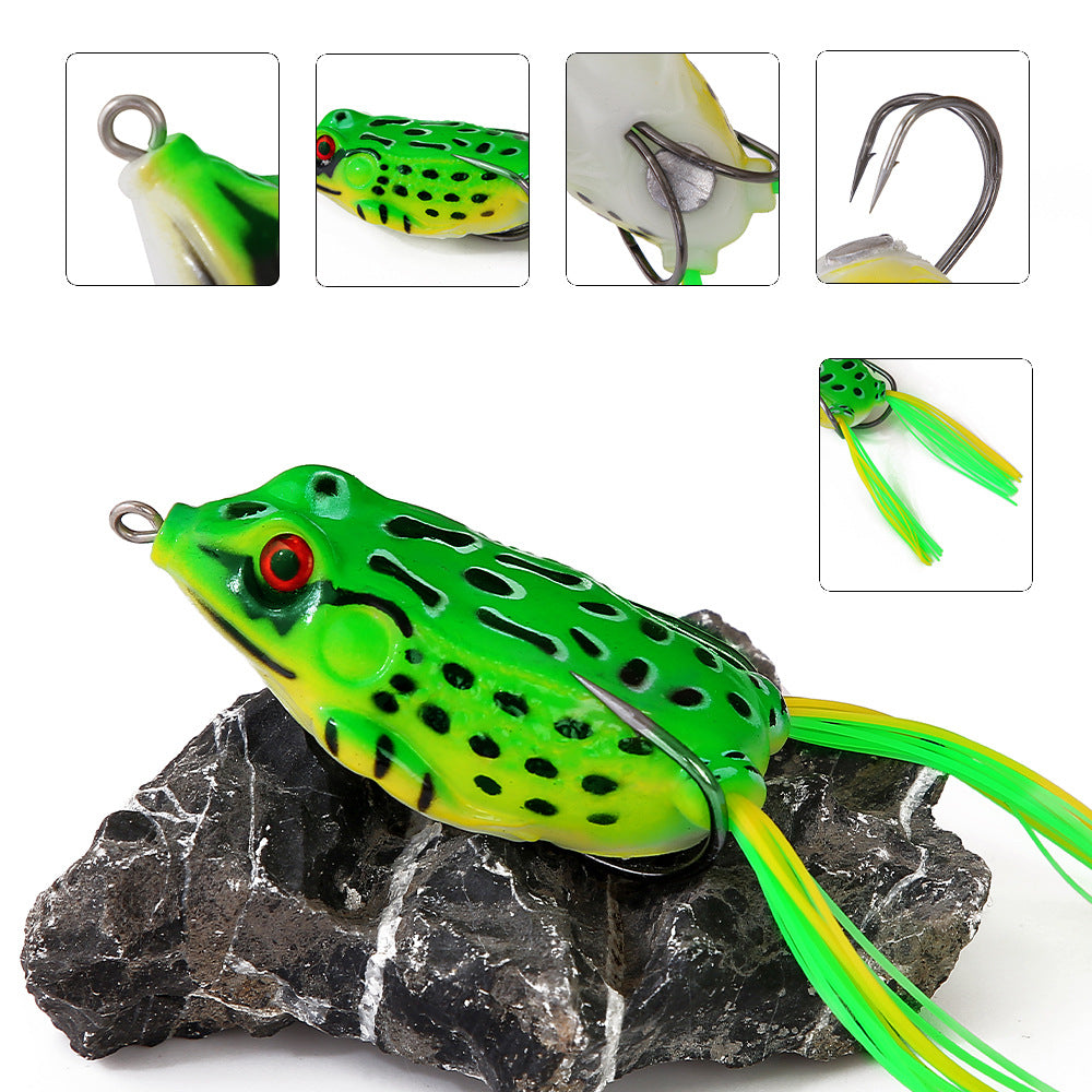 Realistic green frog fishing lure with dual hooks and rubber legs on a rock, close-up views