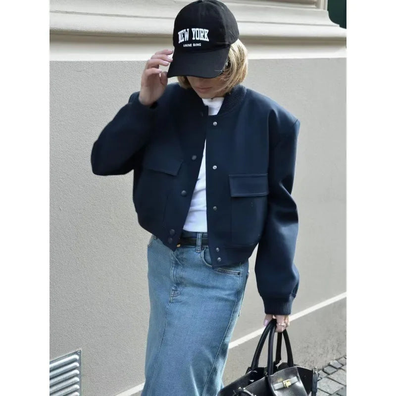 Woman Bomber Jacket White Autumn Winter Button Cropped Jackets Women Fashion Long Sleeve Coats