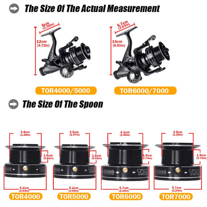Fishing reel and spool size comparison chart for TOR4000, TOR5000, TOR6000, TOR7000 models with measurements.