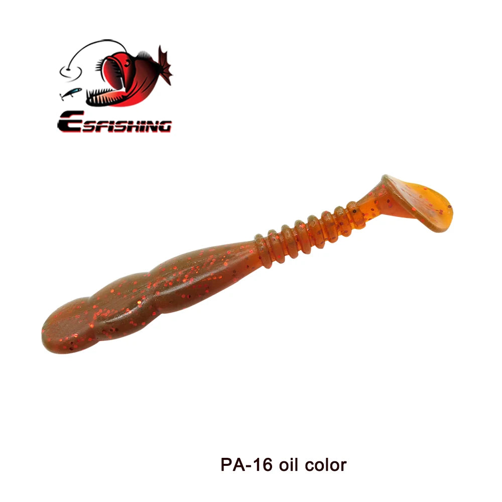 Soft plastic fishing lure in PA-16 oil color with glitter, ideal for outdoor angling.