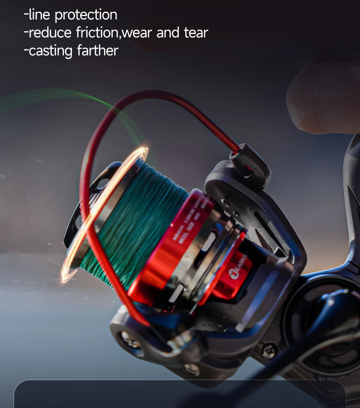 Close-up of a fishing reel spool with green line, highlighting durability and smooth casting.
