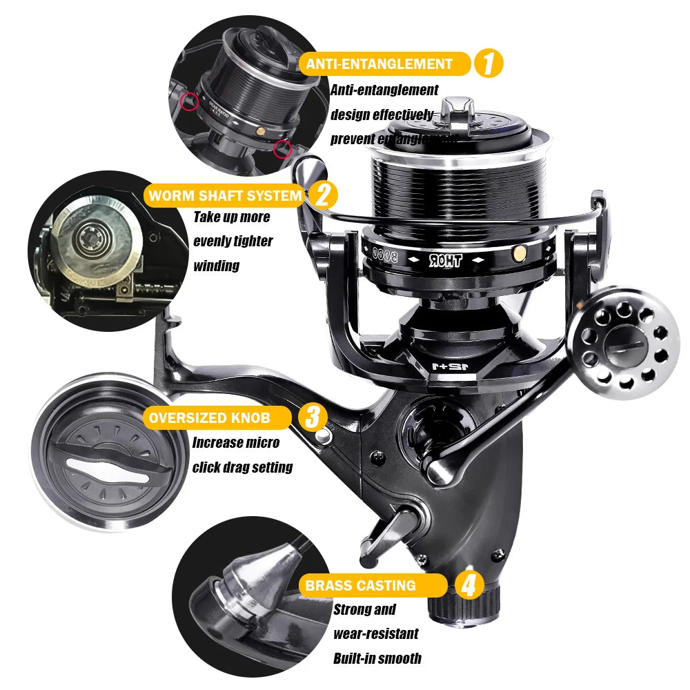 Close-up of black fishing reel with anti-entanglement design, worm shaft system, oversized knob, and brass casting features highlighted.