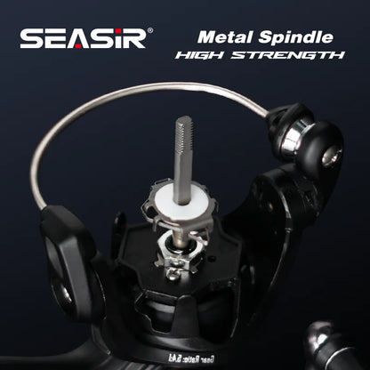 High strength metal spindle on a fishing reel against dark background